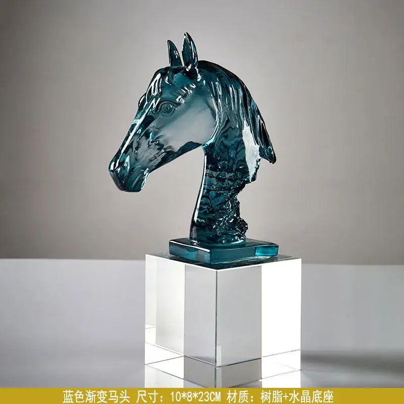 Translucent teal-blue horse head crystal sculpture with glossy finish on clear base for decorbites horse head decor