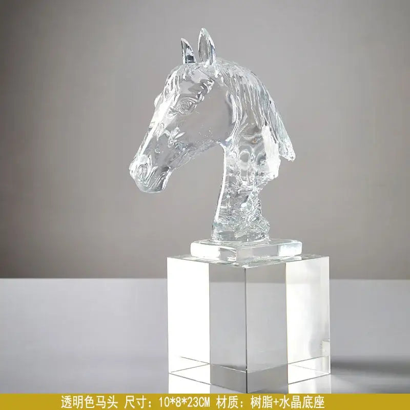 Transparent crystal horse head sculpture with intricate detailing on clear acrylic base for decorbites horse head decor