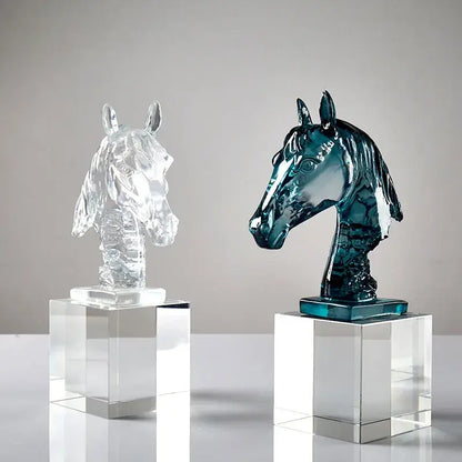 Two glass horse head crystal statues in clear and teal blue mounted on transparent pedestals for living room decorbites horse head decor
