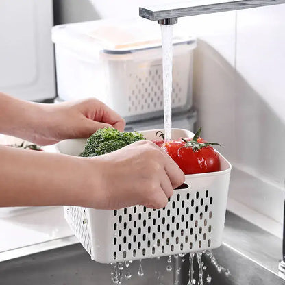 White plastic drain basket with perforated sides and handle for decorbites fridge storage containers and kitchen use