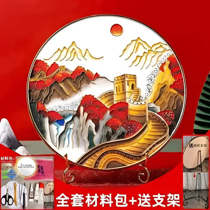 Circular decorative plate with cloisonne silk enamel painting of the great wall in red and gold from decorbites diy kit