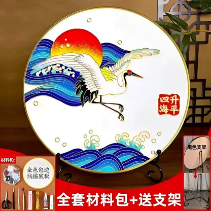 White ceramic plate with cloisonne silk enamel diy kit featuring a white crane over blue waves under red sun decorbites