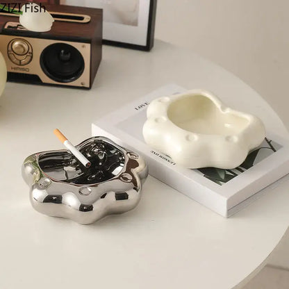 Shiny silver ceramic cloud cat paw porcelain ashtray with rounded edges for decorbites cat paw living room gift