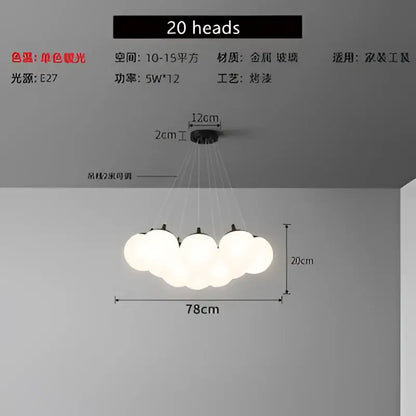 Cloud glass ball led pendant lights featuring 20 frosted glass globes on a black metal fixture for bedroom decor