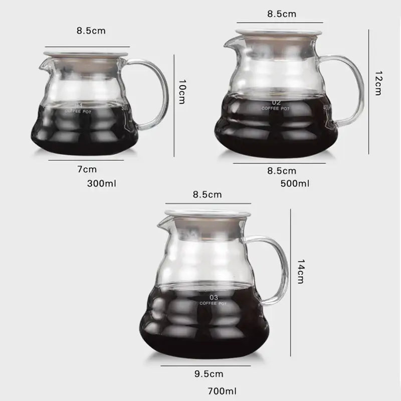 Three clear glass cloud glass coffee kettles with silver handles in 300ml, 500ml, and 700ml capacities by decorbites