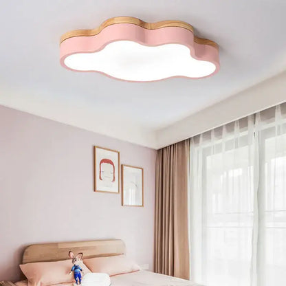 Pink cloud shaped led baby chandelier with wooden trim for sage green and pink bedroom by decorbites cloud led