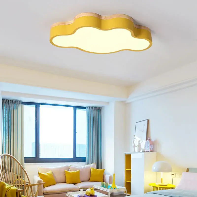 Yellow cloud shaped led baby chandelier with warm glow and wooden trim for sage green and pink bedroom decorbites cloud led