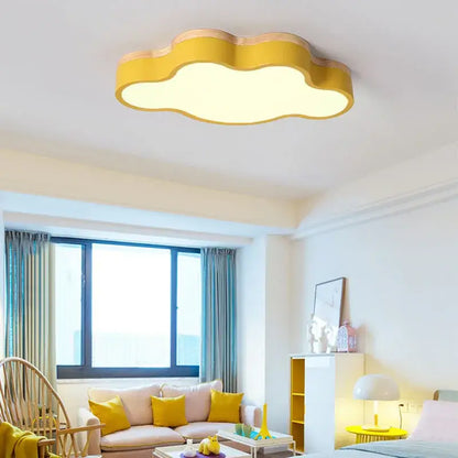 Yellow cloud shaped led baby chandelier with warm glow and wooden trim for sage green and pink bedroom decorbites cloud led