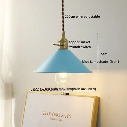 Blue iron lampshade ceramic led pendant light with brass copper socket and knob switch for dining room decorbites ceramic led