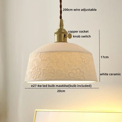 White ceramic led pendant light with embossed floral cloud pattern and brass copper socket decorbites ceramic led for dining room