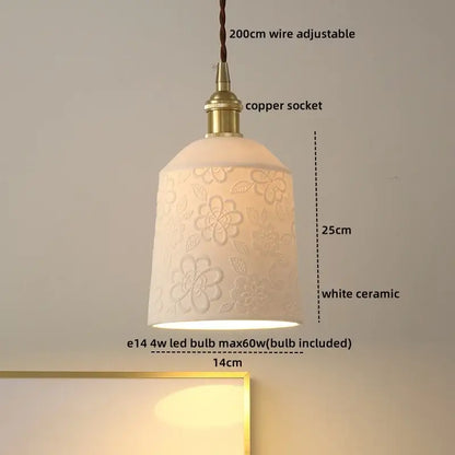 White ceramic pendant light with embossed floral design brass copper socket and adjustable 200cm wire decorbites ceramic led