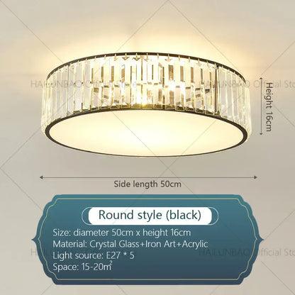 A sleek black crystal zen ceiling light with faceted glass ring iron art accents and acrylic diffuser for living room decorbites