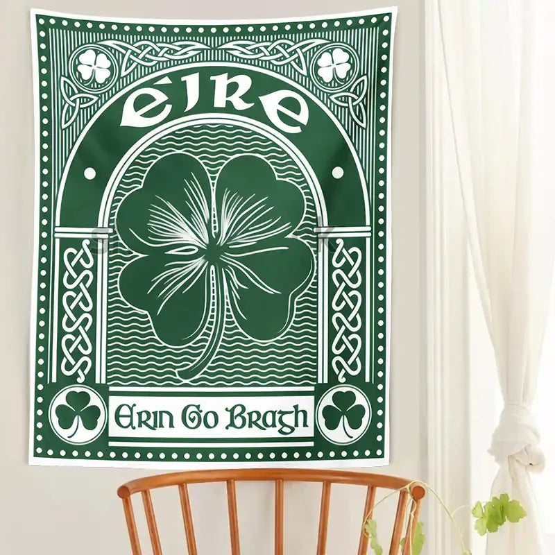 Green and white clover psychedelic gothic wall tapestry with four-leaf clover and celtic knotwork decorbites bedroom art