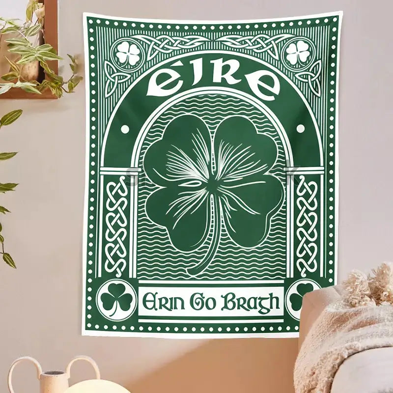 Green irish-themed clover psychedelic gothic wall tapestry with white shamrock and celtic knotwork decorbites bedroom art