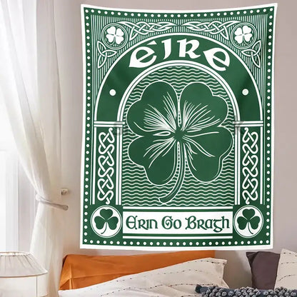 Green and white irish-themed clover psychedelic gothic wall tapestry with four-leaf clover and celtic knotwork decorbites design