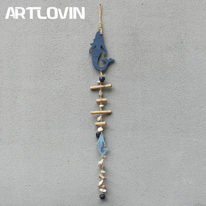 Coastal blue and white fish drift wood bells with wooden sticks shells and beads for living room wall decor