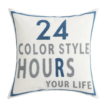 White throw pillow cushion cover with embroidered blue and gray text and navy border coastal chic decorbites coastal chic