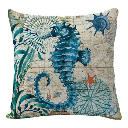 Blue seahorse coastal cushion cover from decorbites featuring ocean-themed design on vintage map background