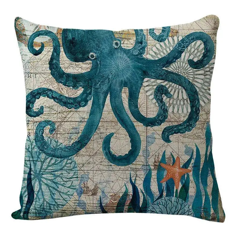 Teal octopus-themed decorbites coastal cushion cover featuring vintage map and sea creature design for living room decor