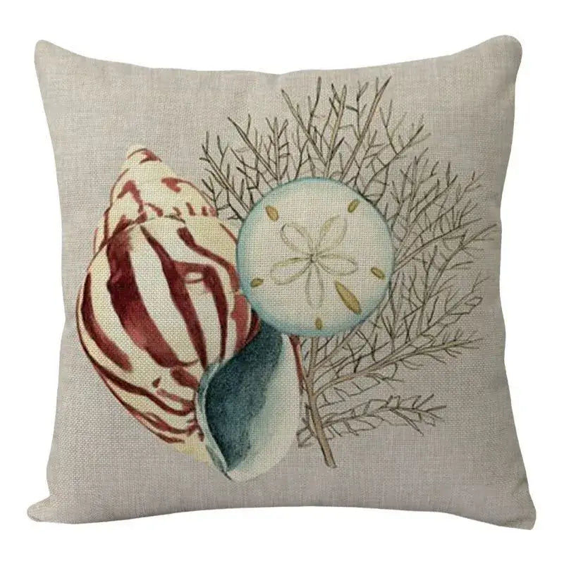 Beige linen coastal cushion cover featuring printed striped seashells sand dollars and seaweed in muted reds blues and greens