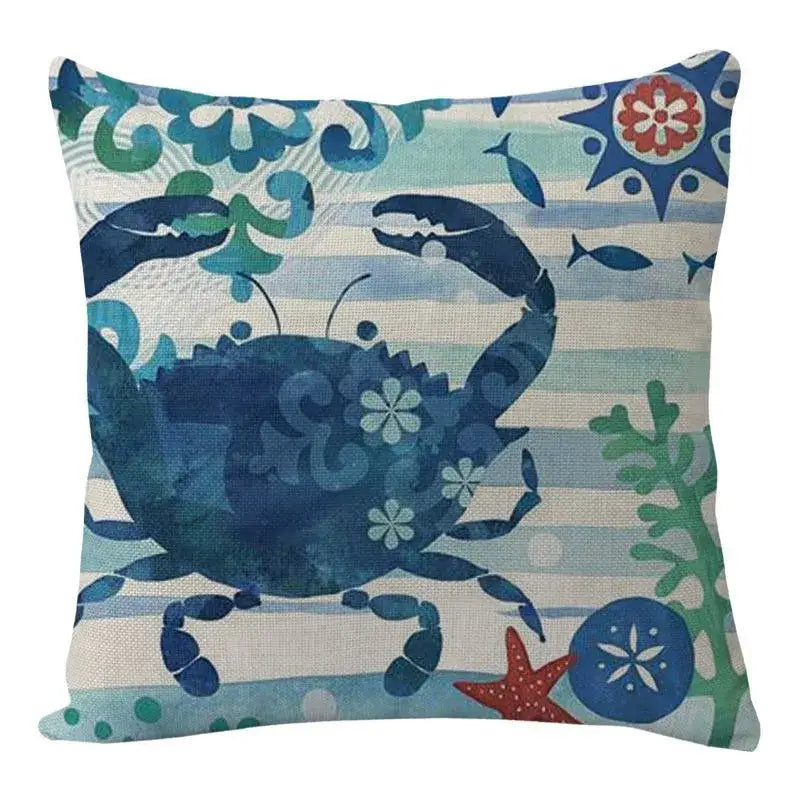 Coastal cushion cover set of 9 with blue crab watercolor design and striped ocean patterns for decorbites coastal decor