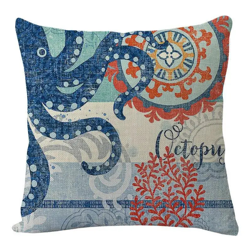 Blue and orange octopus-themed coastal cushion cover with textured woven fabric from decorbites coastal cushion set