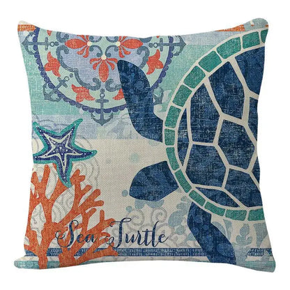Coastalcushion cover featuring a navy blue sea turtle and coral motifs on textured beige fabric for decorbites coastal decor