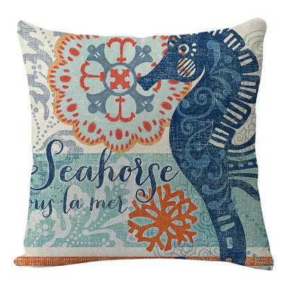 Square coastal cushion cover featuring navy blue seahorse design with orange gray patterns from decorbites coastal set