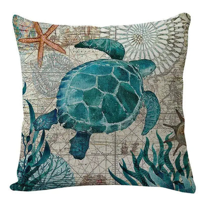 Square throw pillow with teal sea turtle illustration on nautical map featuring orange starfish for decorbites coastal cushion cover set