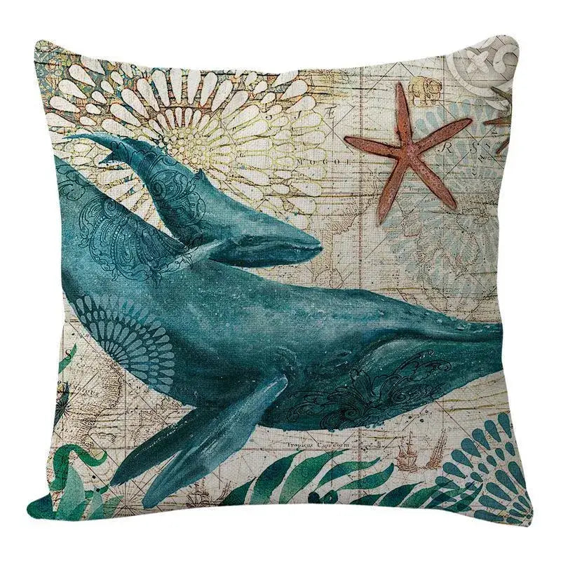 Teal whale and starfish print coastal cushion cover with vintage map design for decorbites coastal living room decor