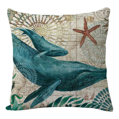 Teal whale and starfish print coastal cushion cover with vintage map design for decorbites coastal living room decor