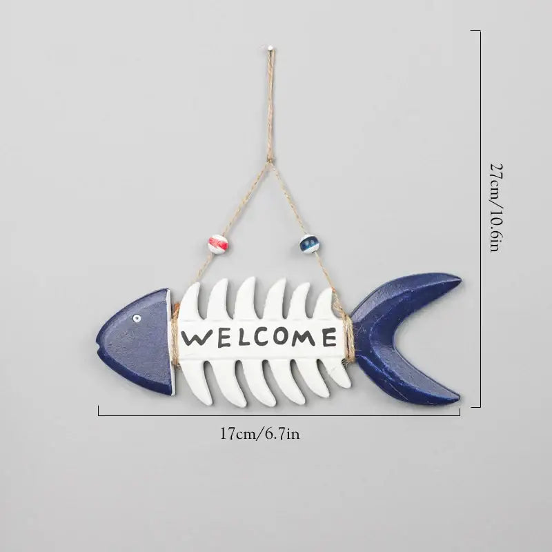 Blue and white painted fish-shaped wooden wall hanging with welcome inscription for decorbites coastal wooden ship model decor