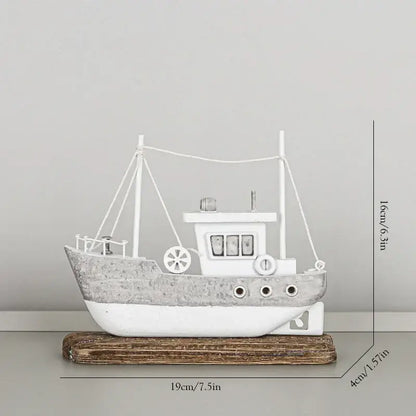 White and gray distressed metal ship model on rustic wooden base for decorbites coastal wooden living room decor