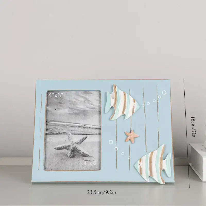 Light blue wooden picture frame with striped fish and starfish decoration for coastal wooden lighthouse ship model decorbites