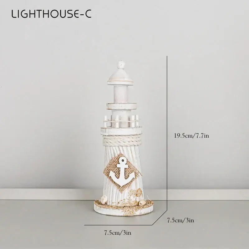 Coastal wooden lighthouse ship model decor with white paint, rope-wrapped base, and anchor emblem on burlap patch