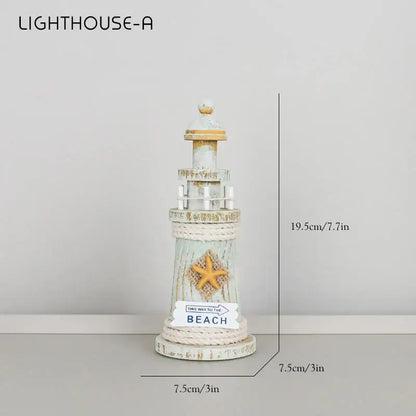 Coastal white and gray wooden ship model decor featuring a distressed coastal wooden lighthouse with starfish and beach sign