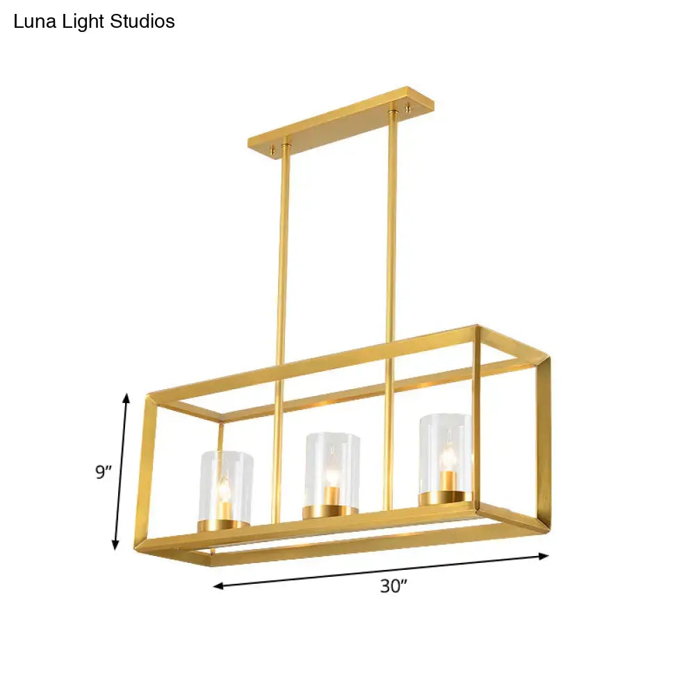 Gold-finished rectangular decorbites colonial gold island ceiling light with clear glass cylinders and metal cage for 220v-240v 110v-120v use