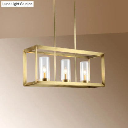 DecorBites colonial gold brass island ceiling light with three clear glass cylinders housing illuminated bulbs 220v-240v 110v-120v