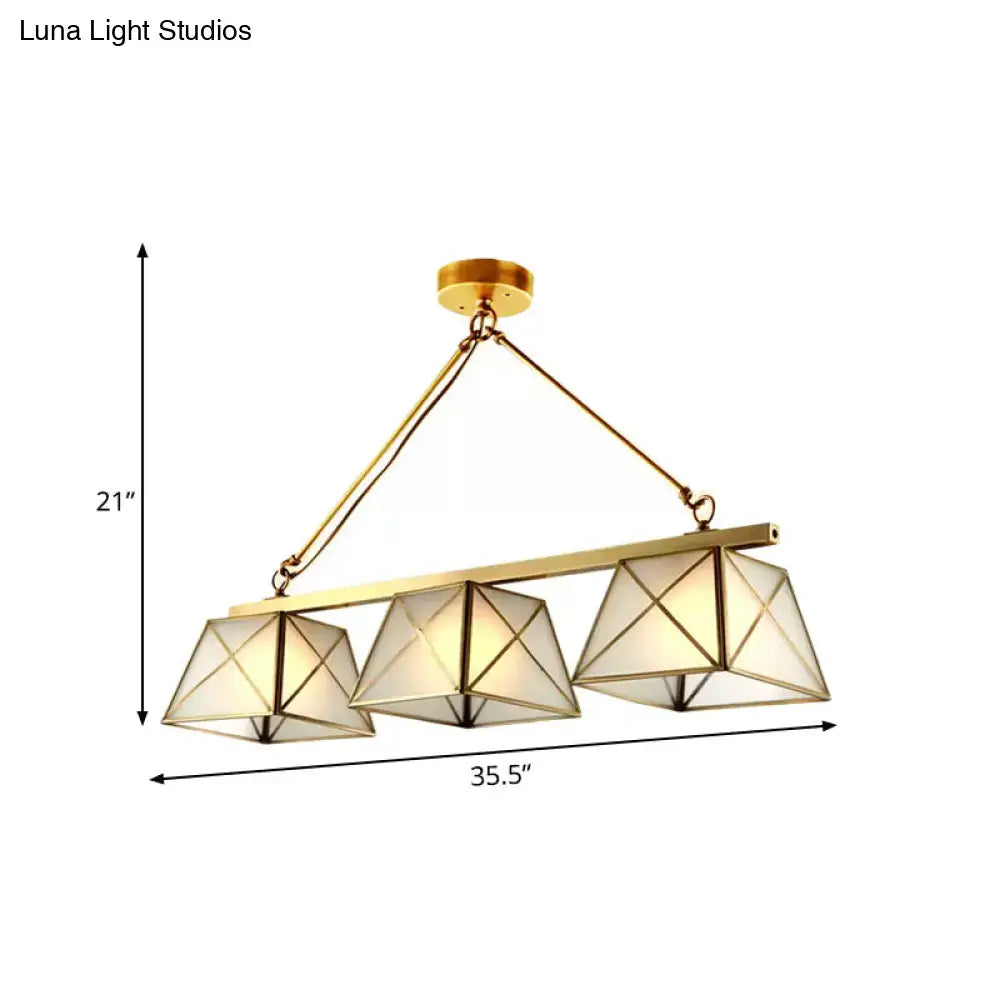Decorbites colonial style pendant light with tapered island design features gold-toned brass and three triangular glass shades