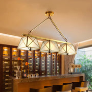 Decorbites™ colonial style tapered island pendant light with three frosted opal glass triangular shades brass finish