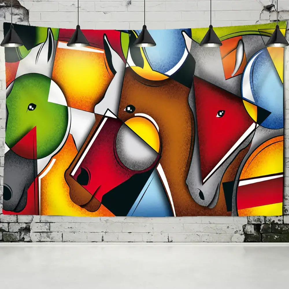 Colorful abstract horse tapestry wall hanging with bold geometric shapes for vibrant decorbites horse tapestry decor
