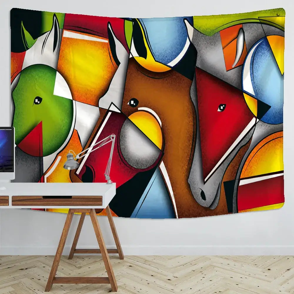 Colorful abstract horse tapestry wall hanging with bold geometric shapes for decorbites horse tapestry wall bedroom decor
