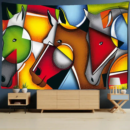 Colorful abstract horse tapestry wall hanging featuring bold geometric shapes in greens reds browns blues and yellows for decorbites horse tapestry decor