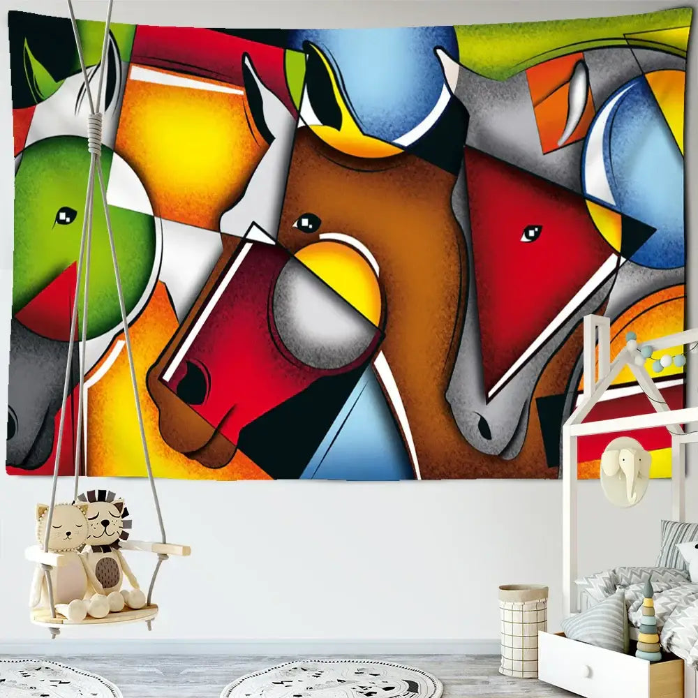 Colorful decorbites horse tapestry wall hanging with vibrant geometric shapes in red, brown, green, blue, and yellow for bedroom decor