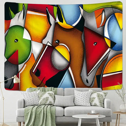 Colorful abstract horse tapestry wall hanging featuring bold geometric shapes in green, brown, red, blue, and yellow decorbites horse tapestry