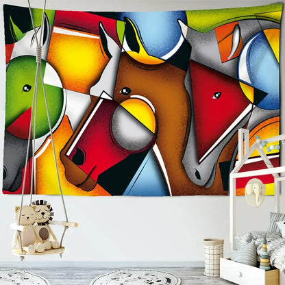 Colorful decorbites horse tapestry wall hanging featuring vibrant abstract horse with bold geometric shapes in red blue yellow