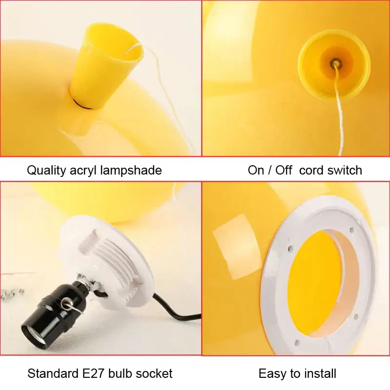 Bright yellow acrylic lampshade with white mounting ring and black e27 socket for decorbites colorful balloon ceiling light