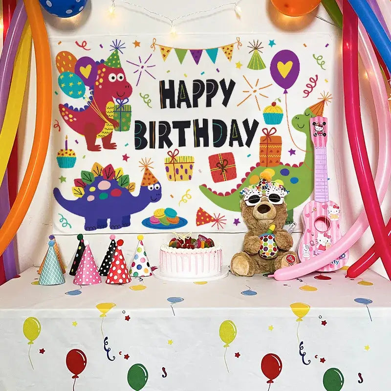 Colorful cartoon animal birthday wall tapestry with red purple and green dino design happy birthday text decorbites birthday wall