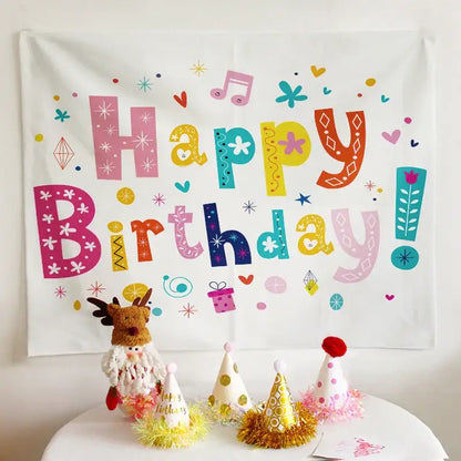 Colorful cartoon animal birthday wall tapestry with happy birthday party banner for decorbites birthday wall decor
