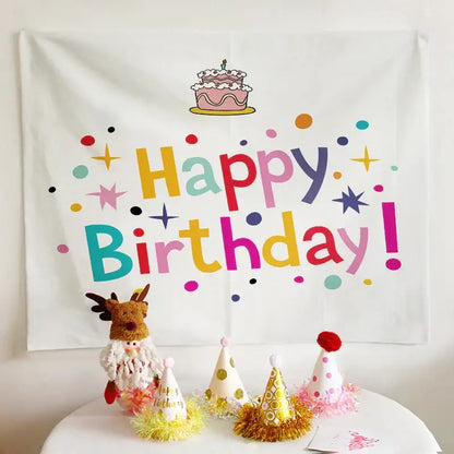 Colorful cartoon animal birthday wall tapestry featuring a happy birthday party banner with cake illustration decorbites birthday wall decor